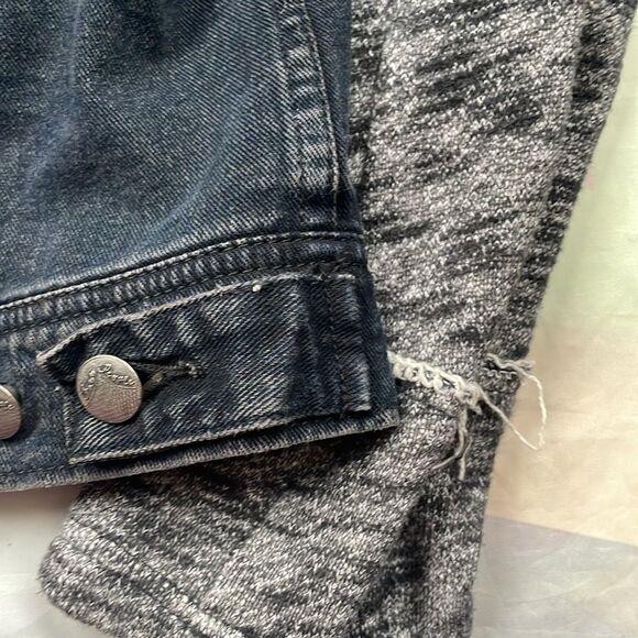 Free People Hooded Denim Knit Jacket Navy Black Gary Distressed L Mixed Media - Picture 12 of 13